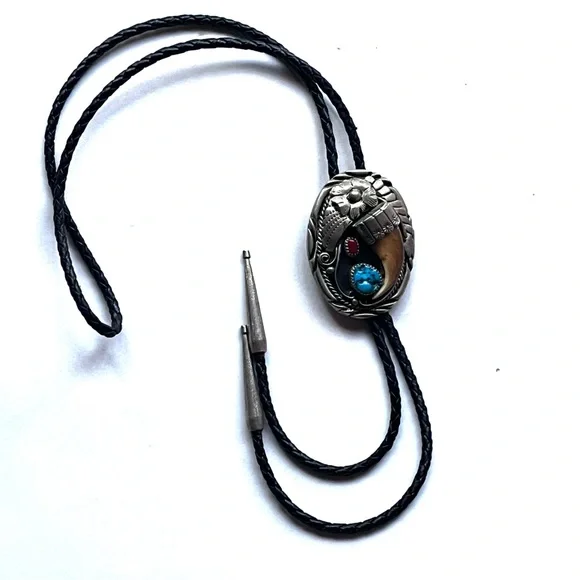 Navajo Turquoise, Coral, & Claw Bolo Tie - Picture 6 of 15